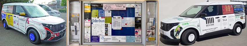 2 Firmenwagen und ein Schaukasten in der Mitte